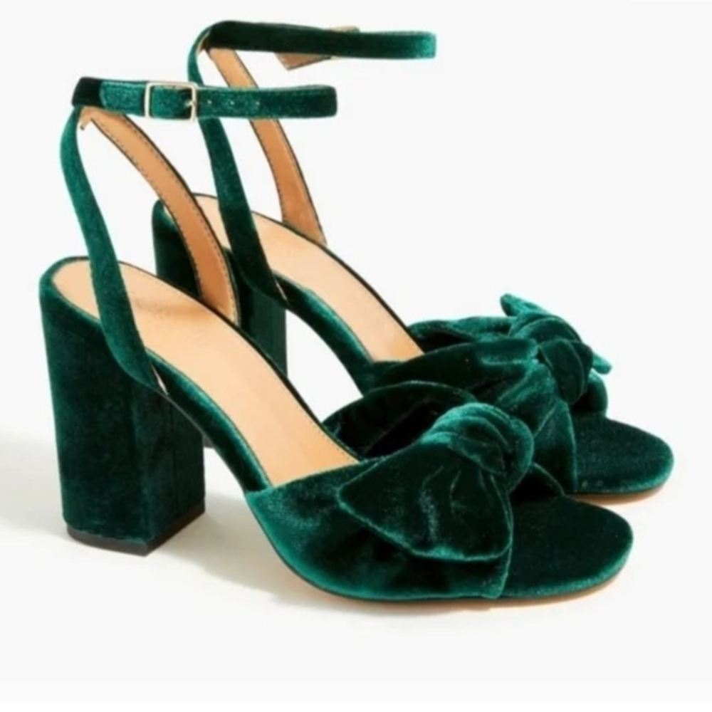 J. Crew Green Velvet Block Heel Sandals 7.5